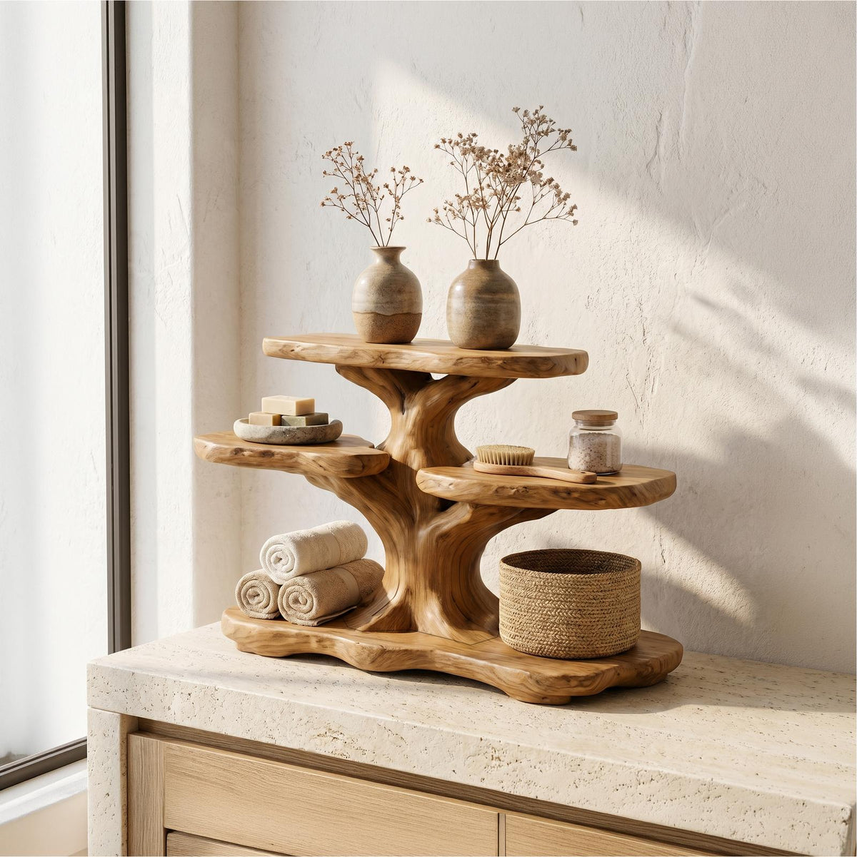 Contemporary Tree Bathroom Organizer with Floating Wood Shelves, Decorative Wall Storage