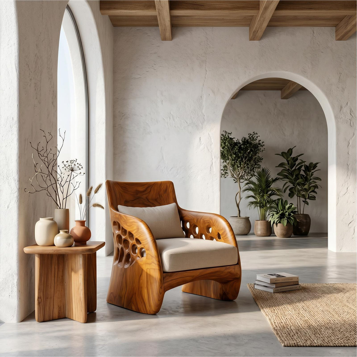 Contemporary Organic Wooden Accent Chair, Sculptural Lounge Armchair for Living Room