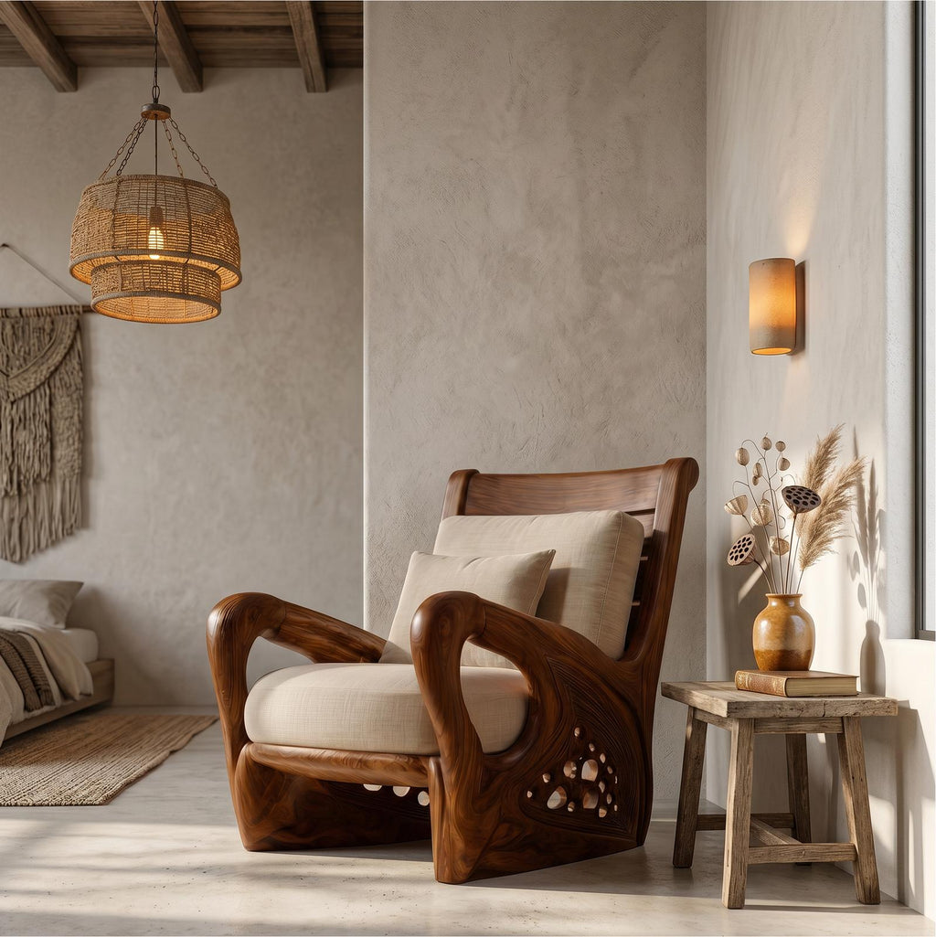 Nature Inspired Wooden Accent Armchair, Sculptural Lounge Chair for Living Room Relax