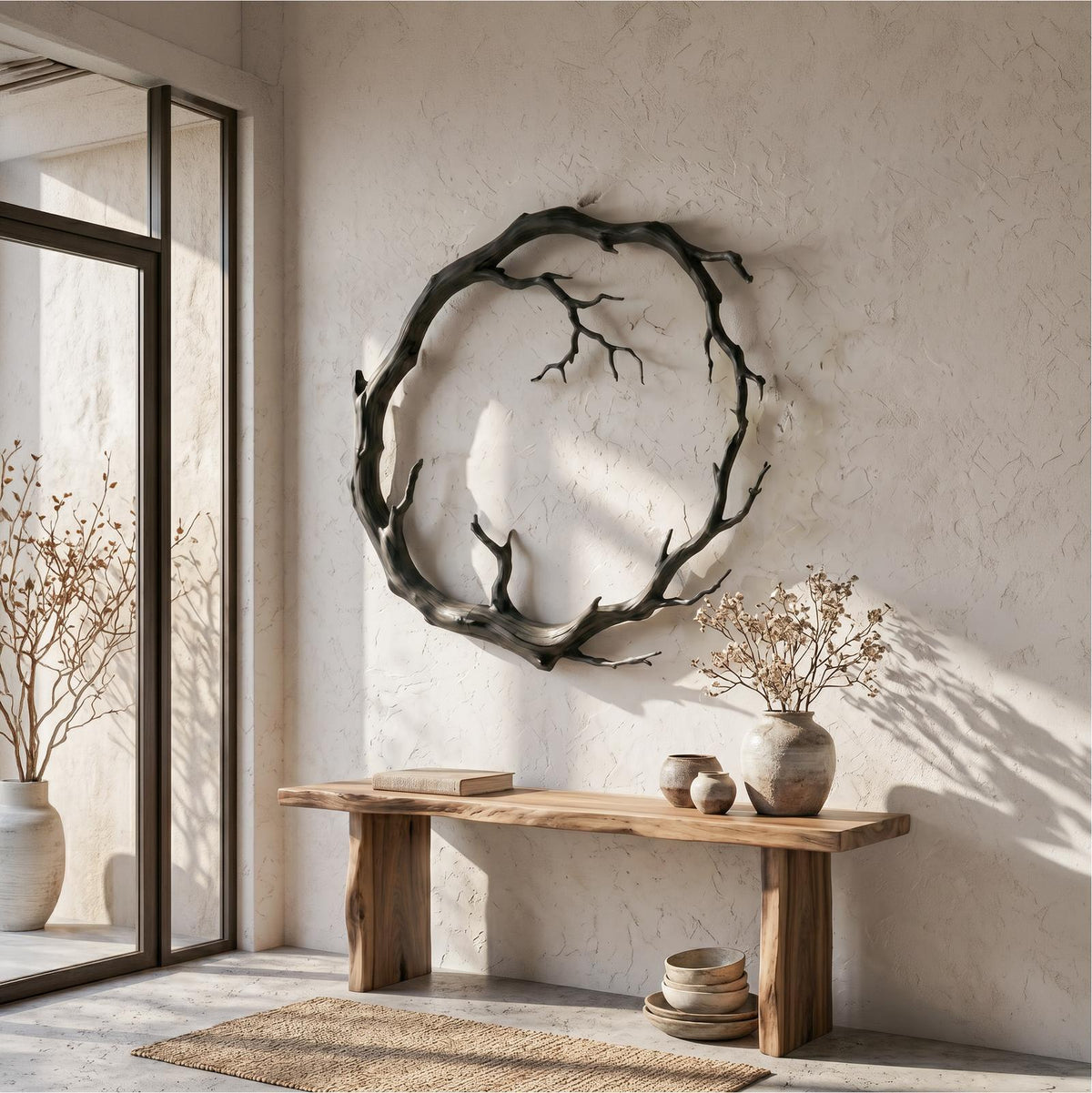 Spry Interior Organic Modern Wood Wall Decor, Round Sculptural Tree Branch Circle Sculpture for Living Room, SINLSAWD124