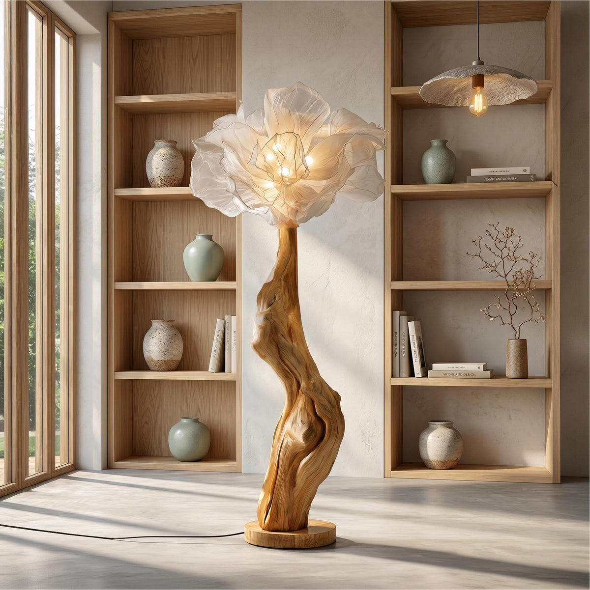 Nature Inspired Wood Floor Lamp, Handcrafted Artistic Flower Display Standing Light for Living Room, Model