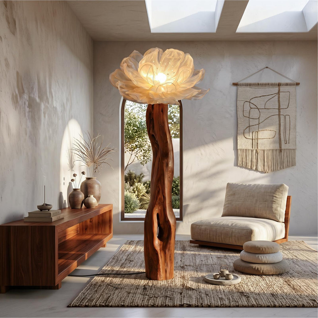 Artistic Wood Floor Lamp, Handcrafted Sculptural Flower Arrangement Design Tall Standing Light for Home, Model