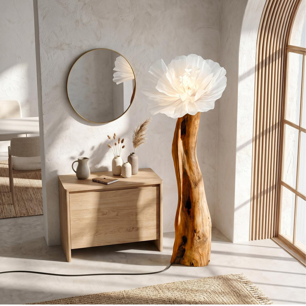 Artistic Flower Floor Lamp Sculptural Wood Base For Living Room
