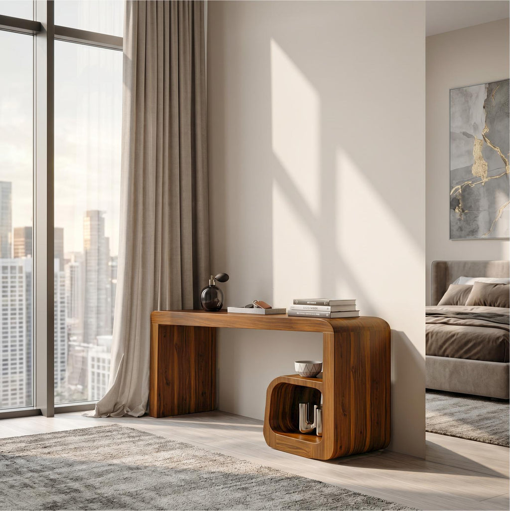Sculptural Dressing Table With Curved Wood Silhouette For Bedroom Decor