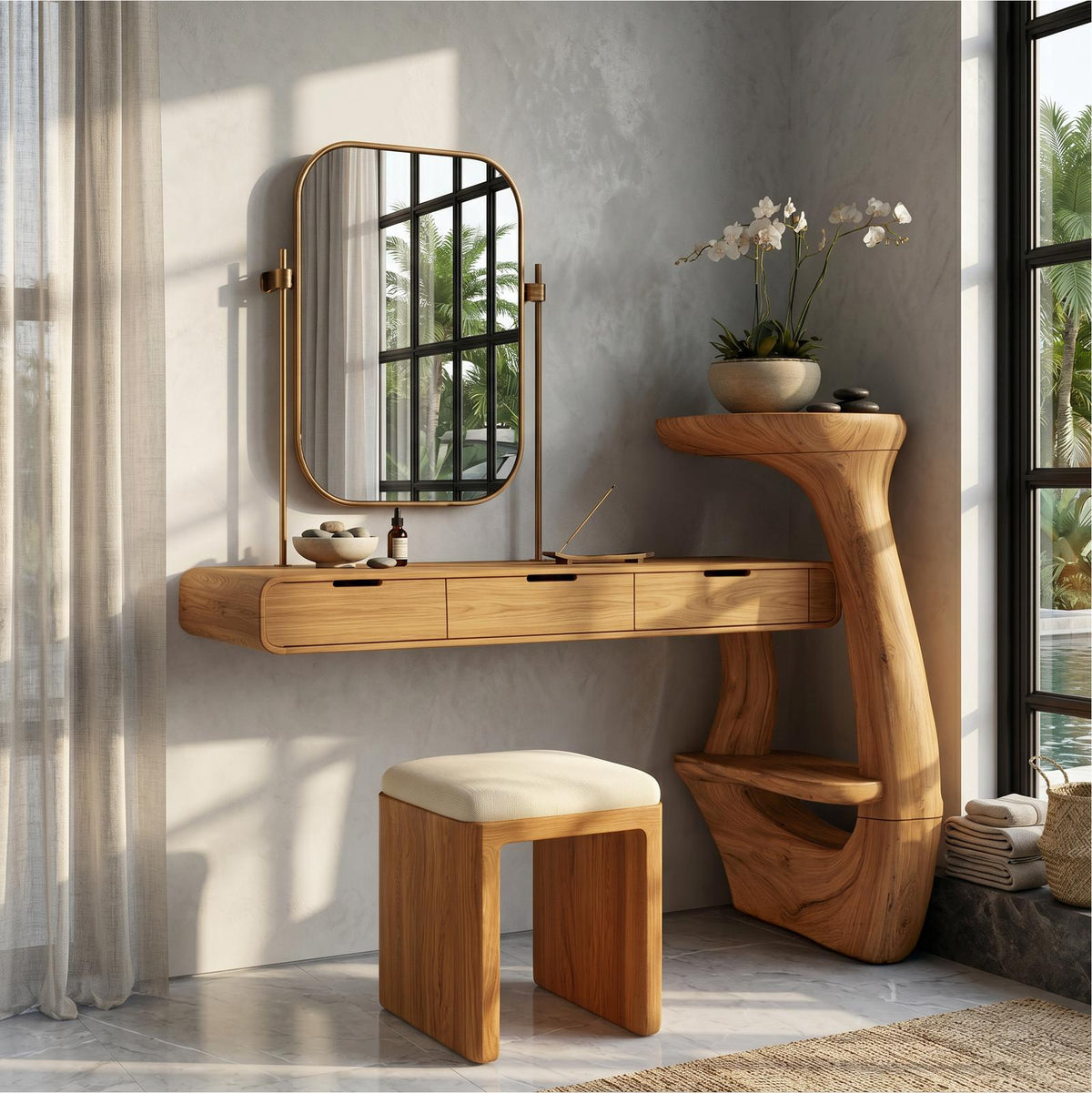 Sculptural Dressing Table With Handcrafted Wood Structure For Bedroom SINLSABDT084