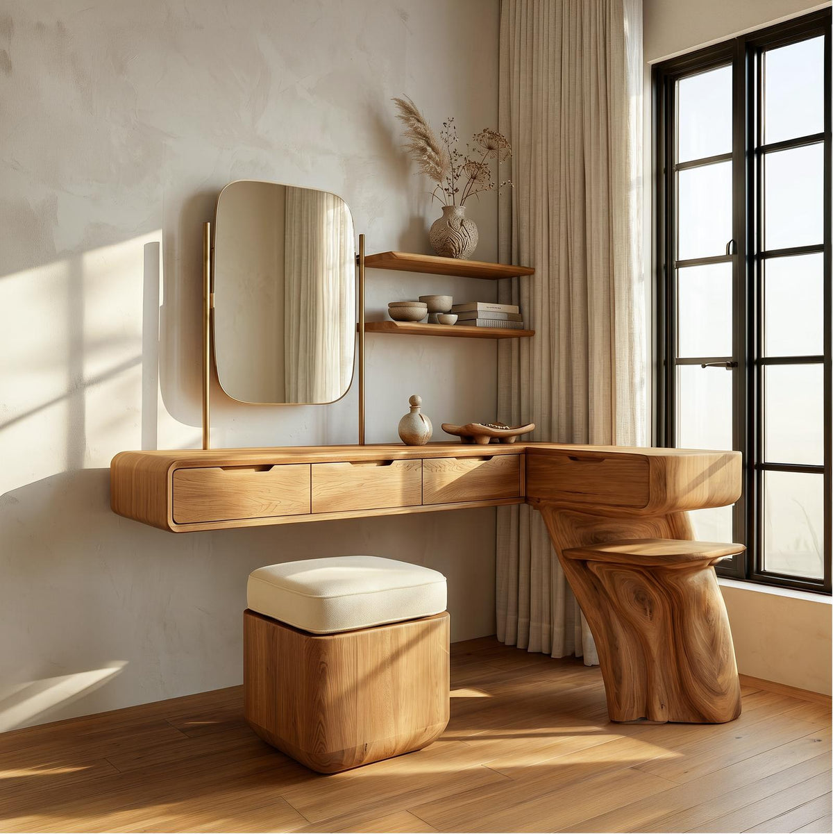 Nature Inspired Dressing Table With Sculptural Wood Design For Bedroom SINLSABDT085