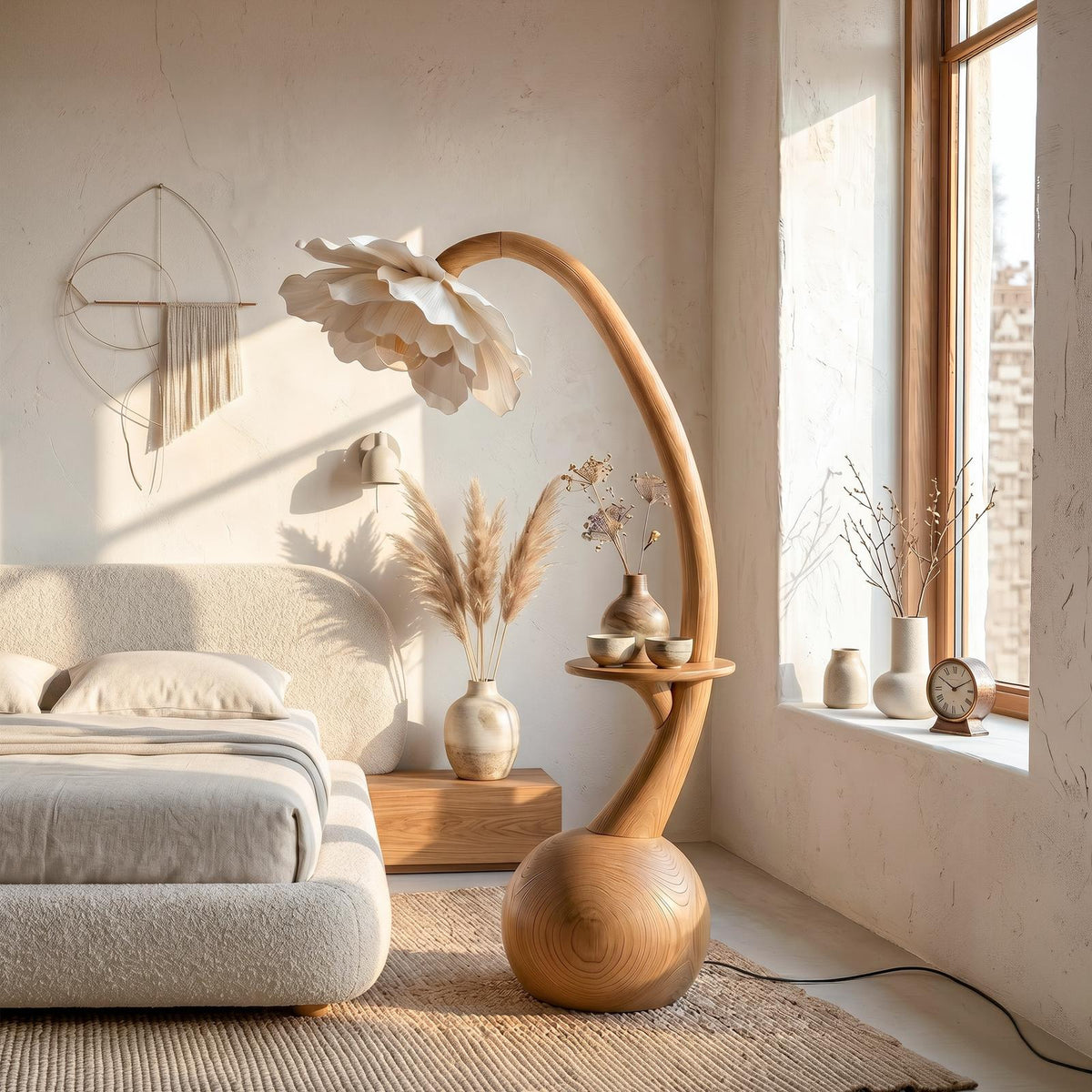 Sculptural Floor Lamp With Built In Shelf And Floral Shade For Living Room