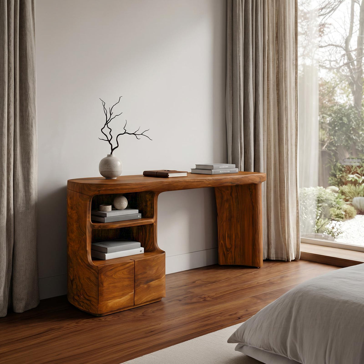 Modern Writing Desk With Open Storage Shelves For Home Office