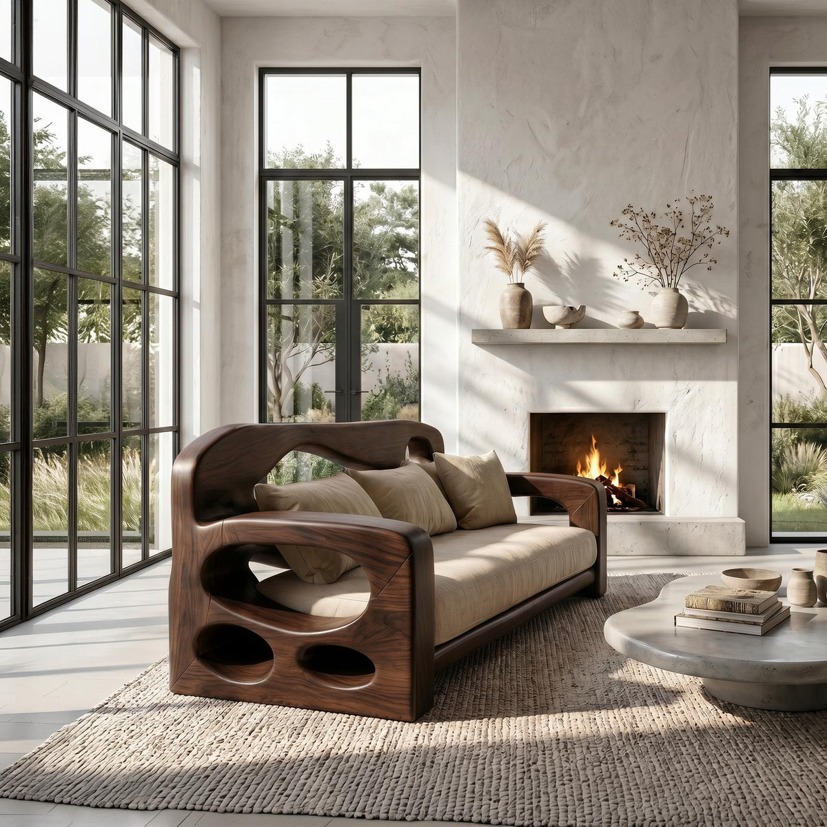 Modern Sofa Frame With Sculptural Solid Wood Armrests For Living Room