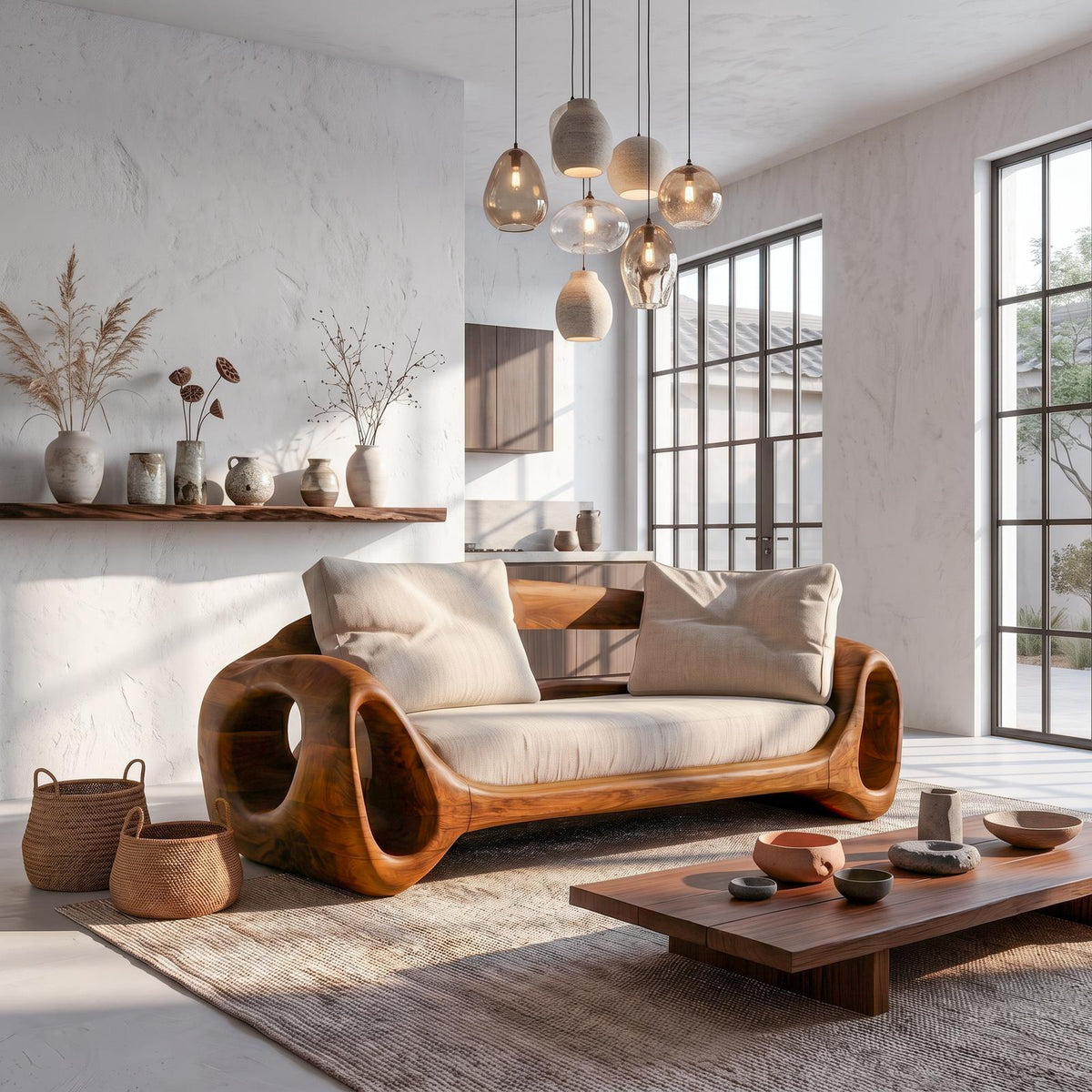 Organic Sofa Frame With Sculptural Circular Armrests For Living Room