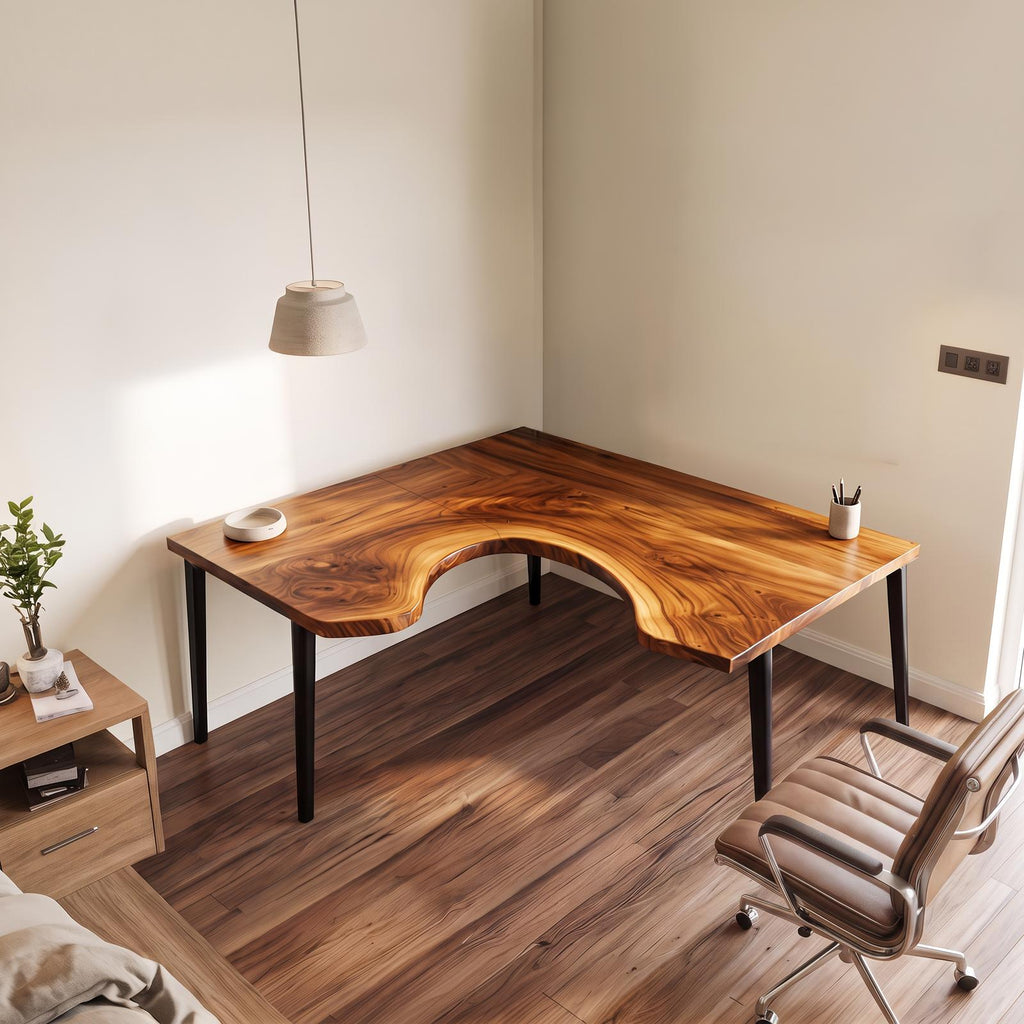 Organic Contemporary Corner Work Desk, L-Shaped Solid Wood Writing Computer Table for Home Office & Study Room