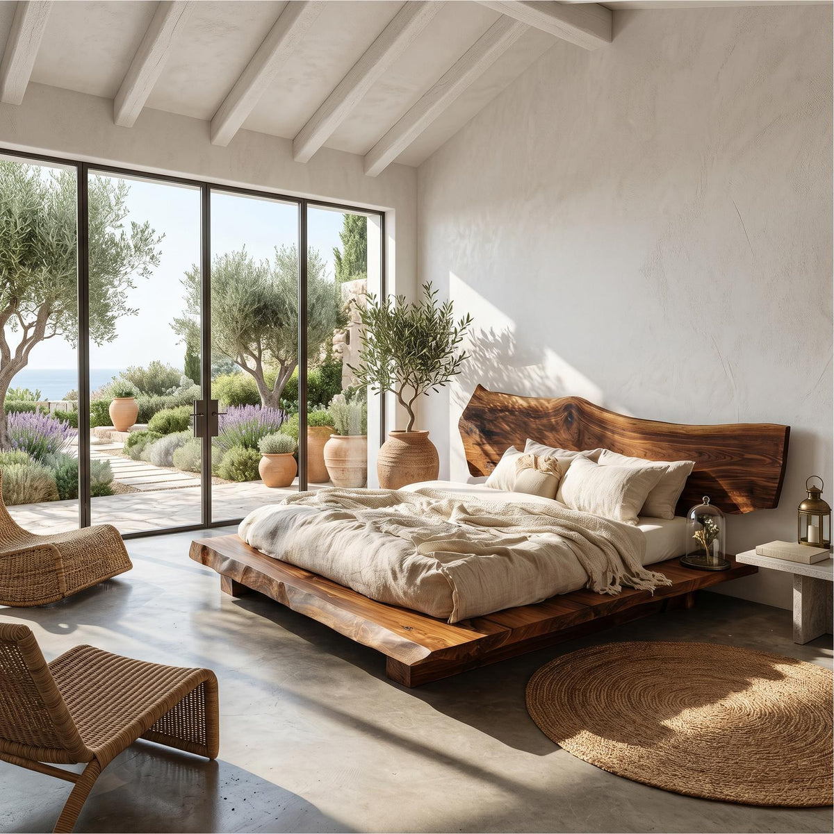 Spry Interior Rustic Bed Frame with Natural Solid Wood Headboard, Handcrafted Low Profile Platform Bed, King Queen Bedroom Furniture, SINLSAWB128