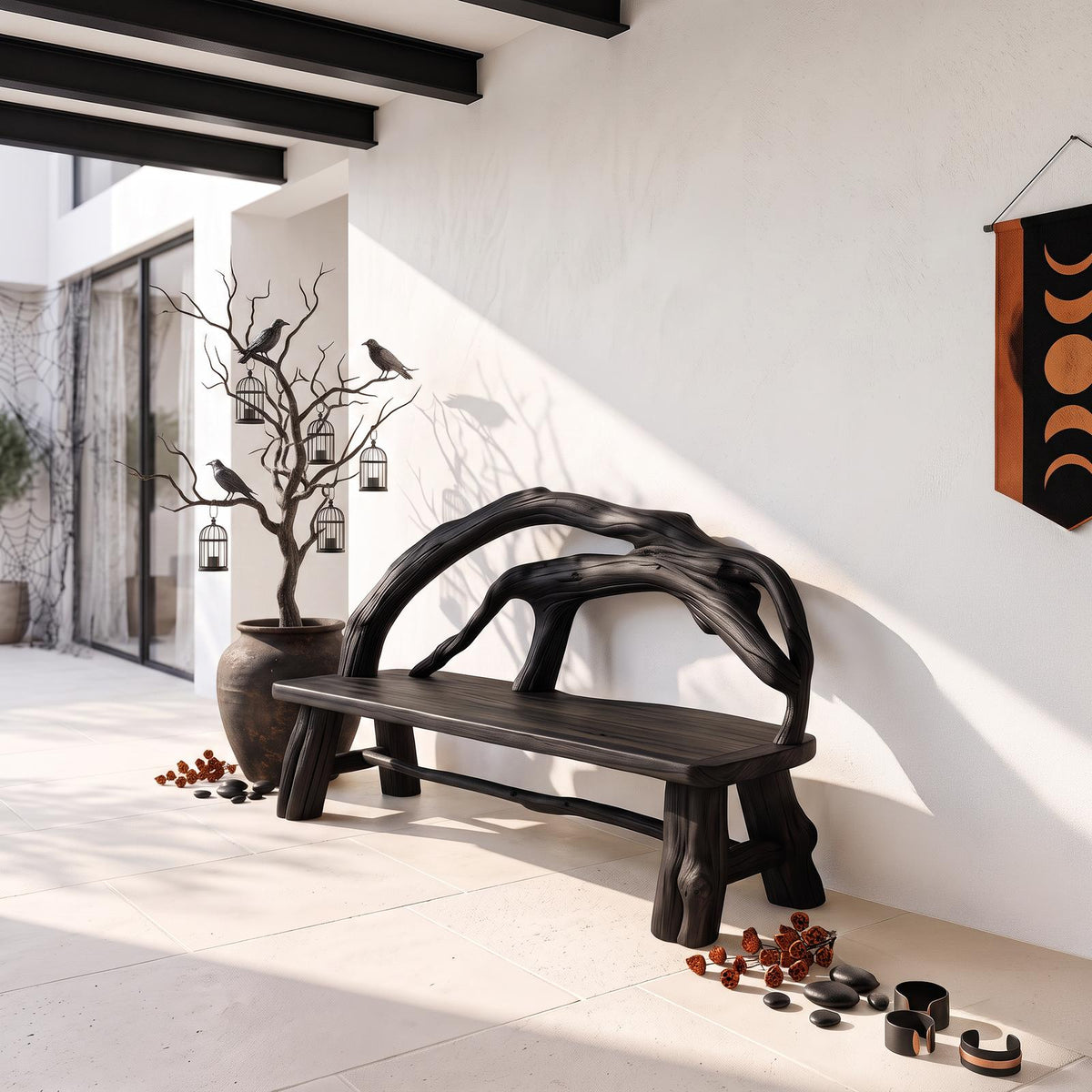 Rustic Halloween Patio Bench With Carved Vine Inspired Back For Porch SINLSAGDB008