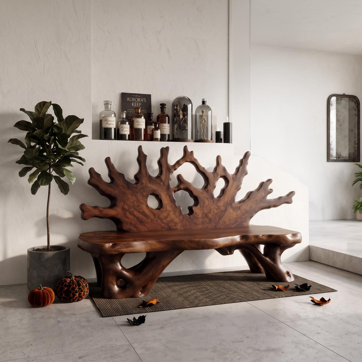 Farmhouse Halloween Garden Bench With Decorative Tree Limb Frame For Patio SINLSAGDB013
