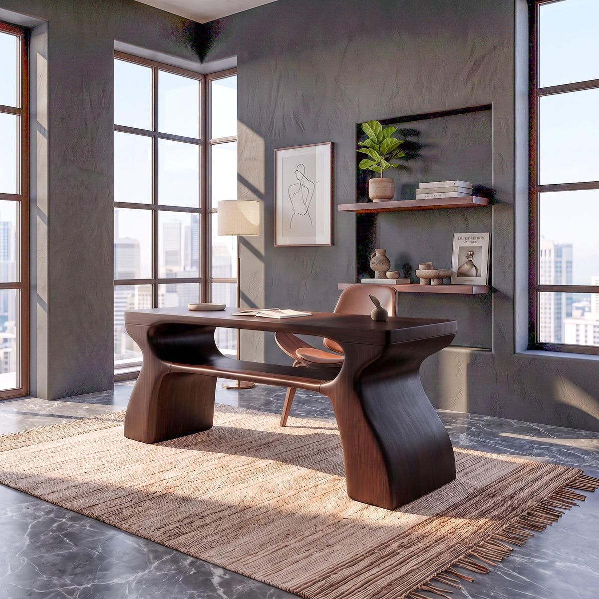 Mid Century Office Desk With Symmetrical Arch Legs For Home Office