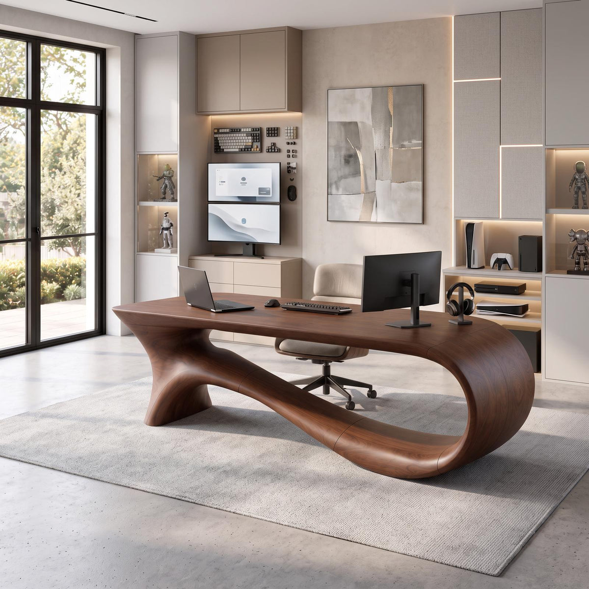 Contemporary Office Desk With Asymmetrical Curved Legs For Workspace
