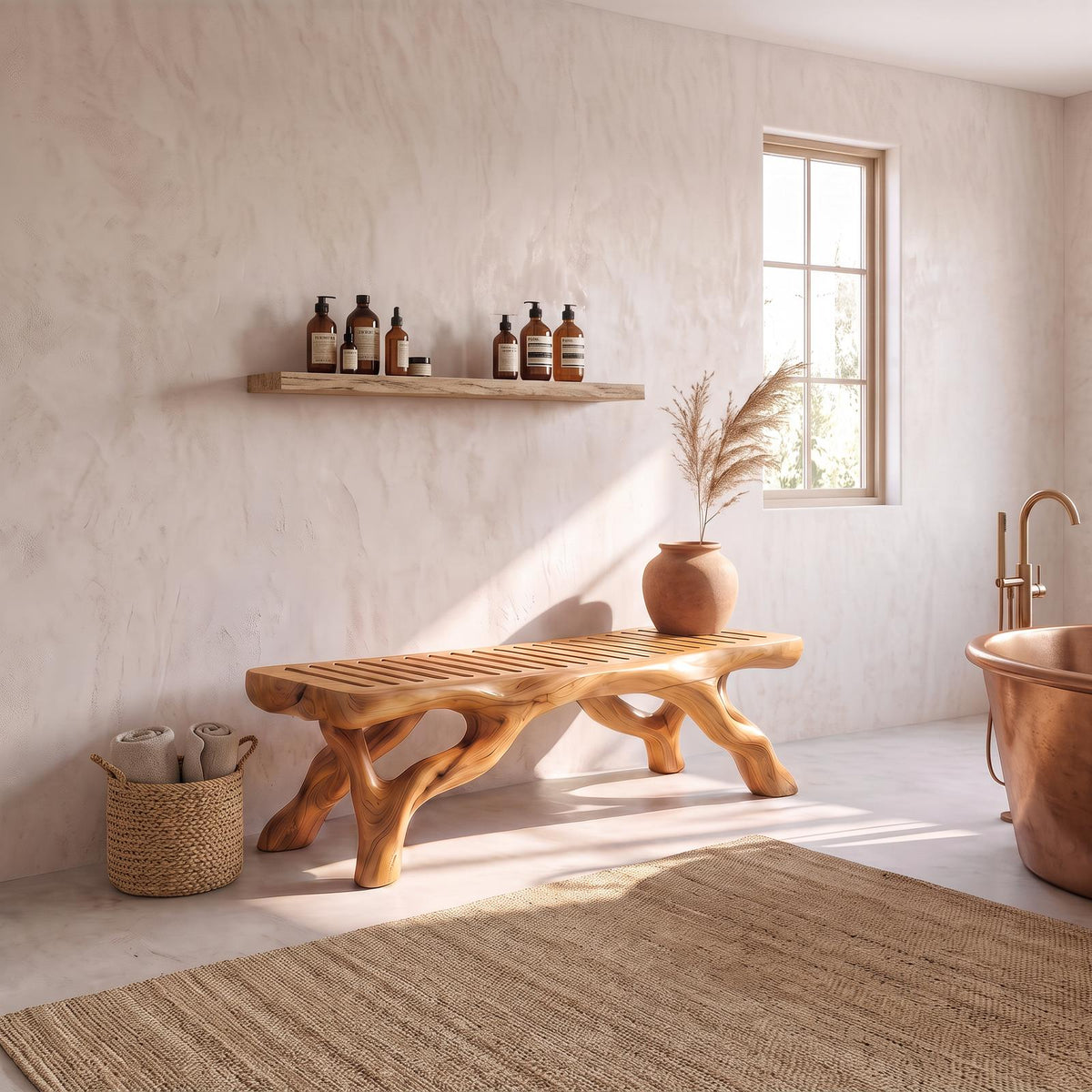 Organic Bathroom Bench With Branch Inspired Sculptural Legs For Bathroom