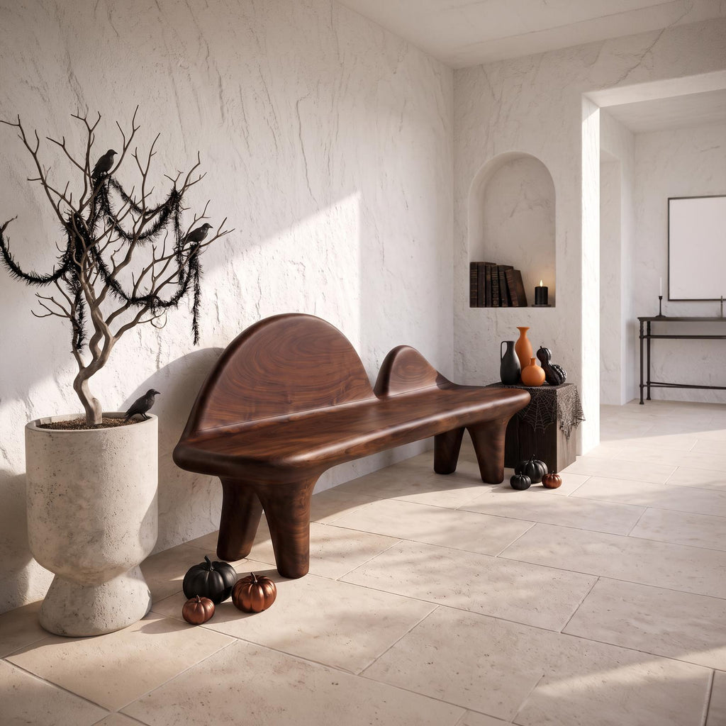 Modern Halloween Bench With Sculptural Curved Backrest For Entryway