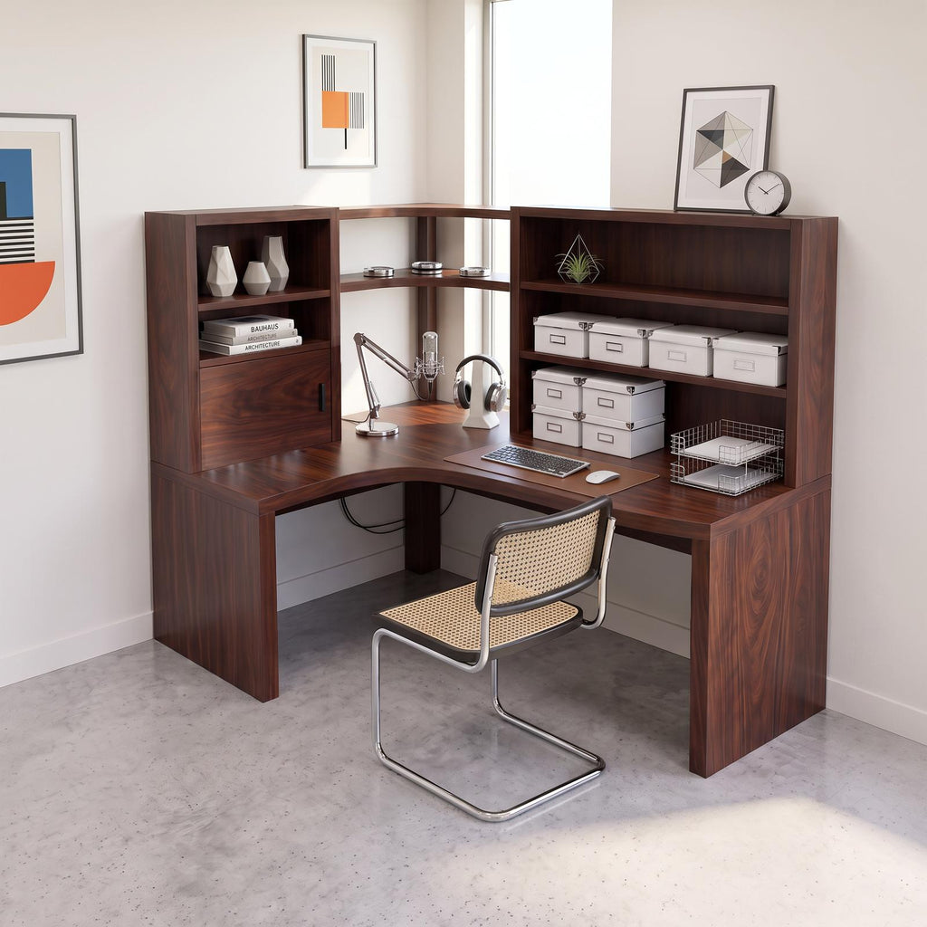 Contemporary Corner Desk With Built In Bookcase For Workspace