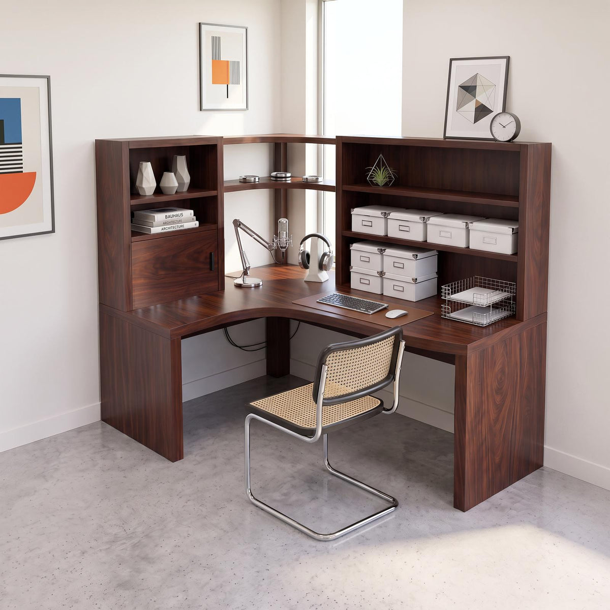 Contemporary Corner Desk With Built In Bookcase For Workspace