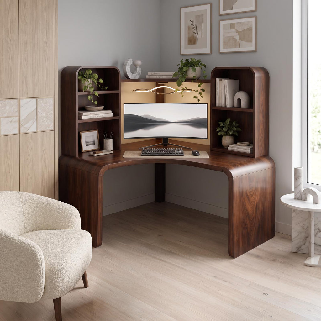 Contemporary Computer Desk With Corner Bookcase For Workspace