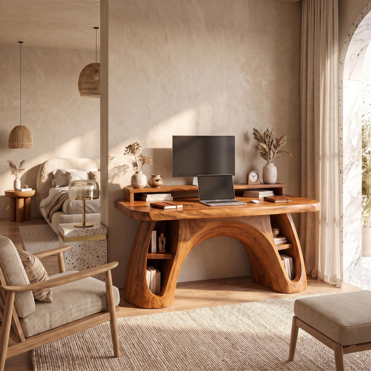 Contemporary Office Desk With Raised Monitor Platform For Workspace