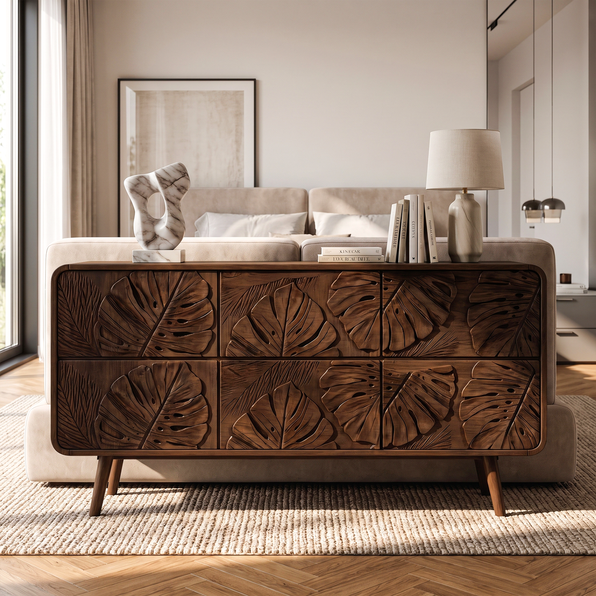 Rustic Dresser With Carved Floral Front For Bed Room SINLKIDR004