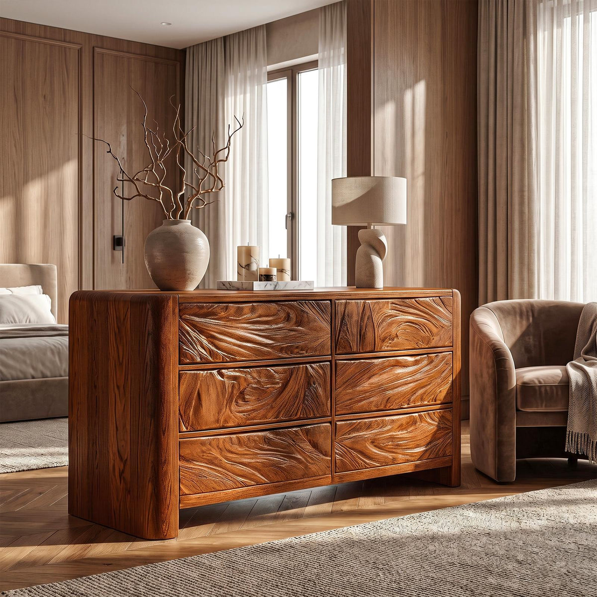Mid Century Dresser With Carved Flowing Drawer Front For Bedroom SINLKIDR005