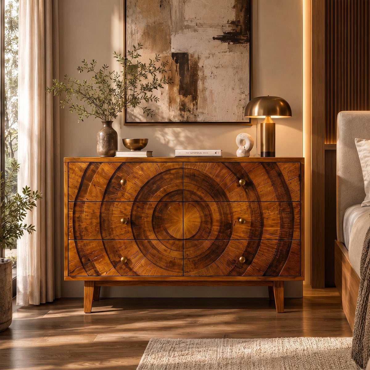 Mid Century Wooden Dresser With Concentric Circle Drawer Fronts For Bedroom