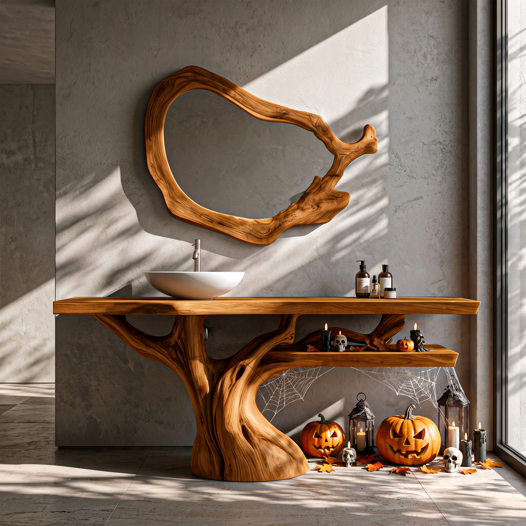 Natural Halloween Solid Wood Bathroom Vanity With Flowing Tree Form For Bathroom
