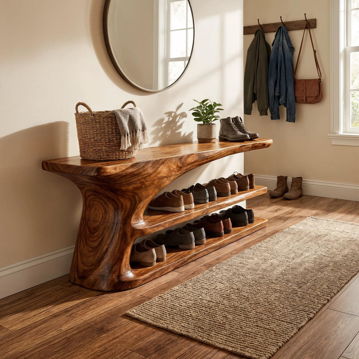 Mid Century Natural Wood Shoe Storage Bench Hallway