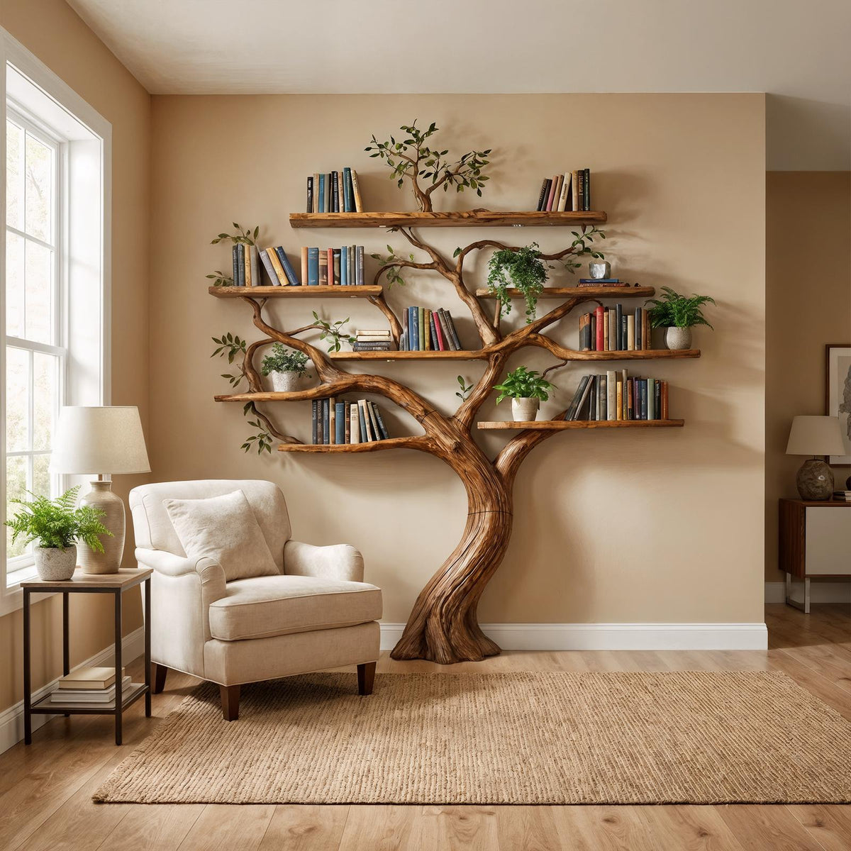 Organic Modern Large Tree Bookshelf, Freestanding Solid Wood Branch Bookcase & Storage Unit for Study & Library