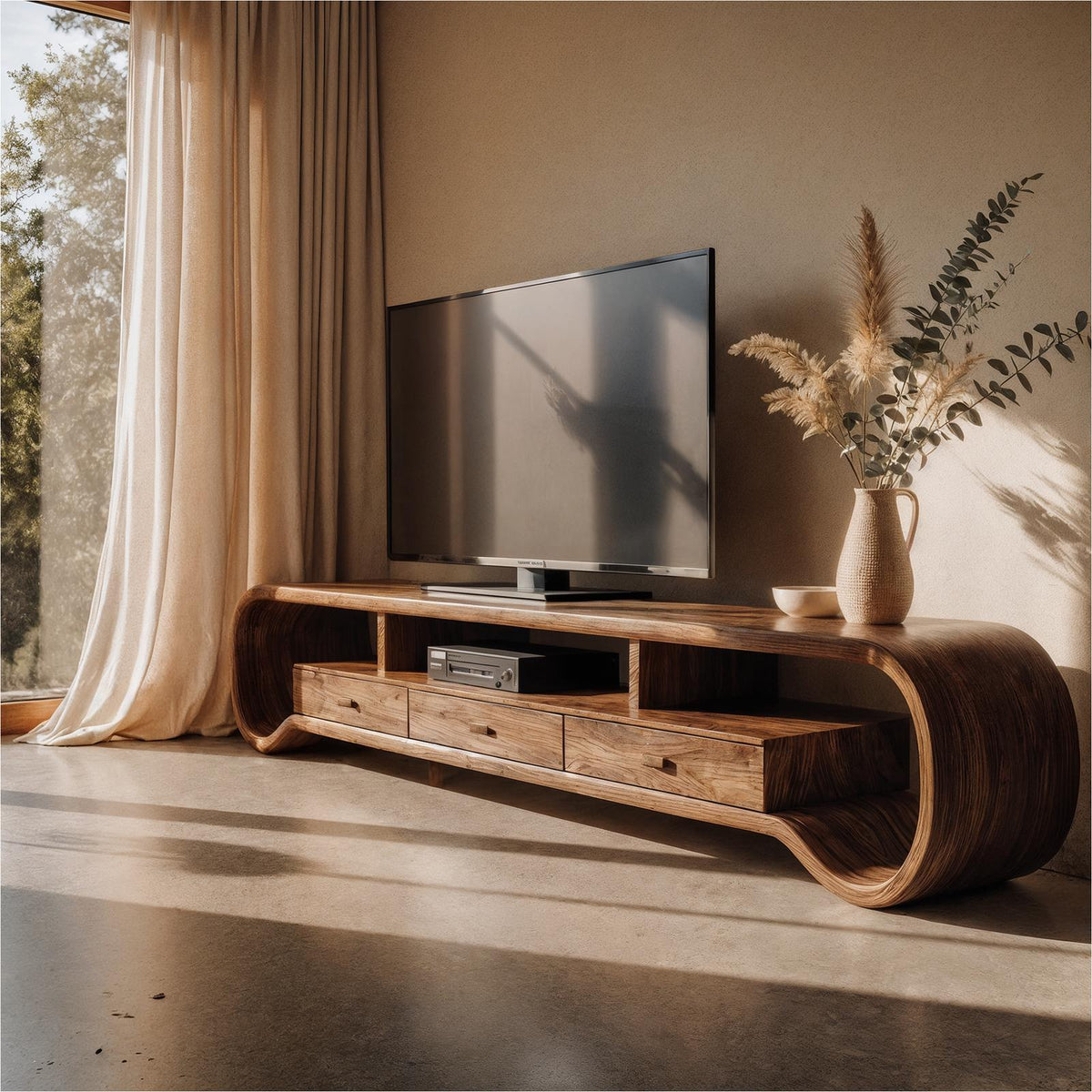 Rustic Curved TV Cabinet, Solid Wood Media Console Entertainment Center for Living Room Storage