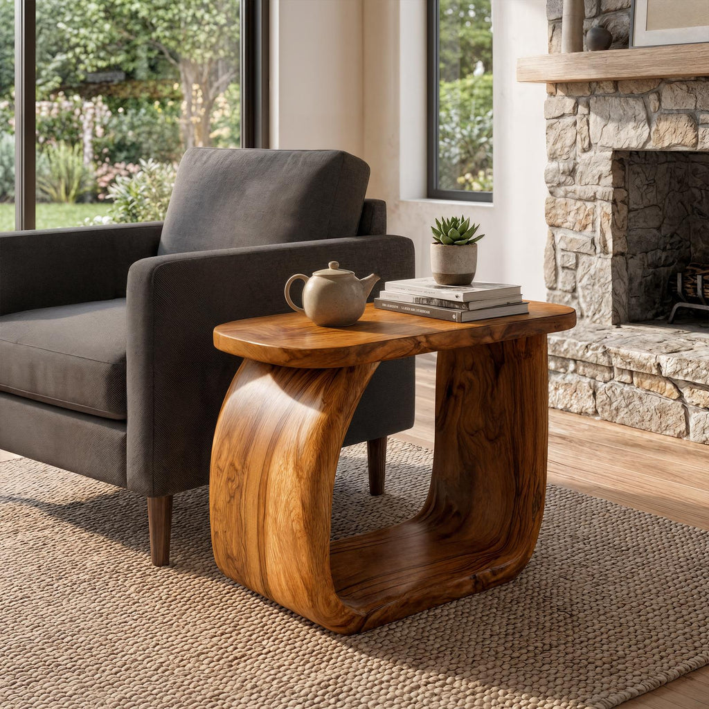 Minimal Wooden Bedside Table with Curved Open Frame, Handcrafted Modern Side Table & Nightstand for Living Room