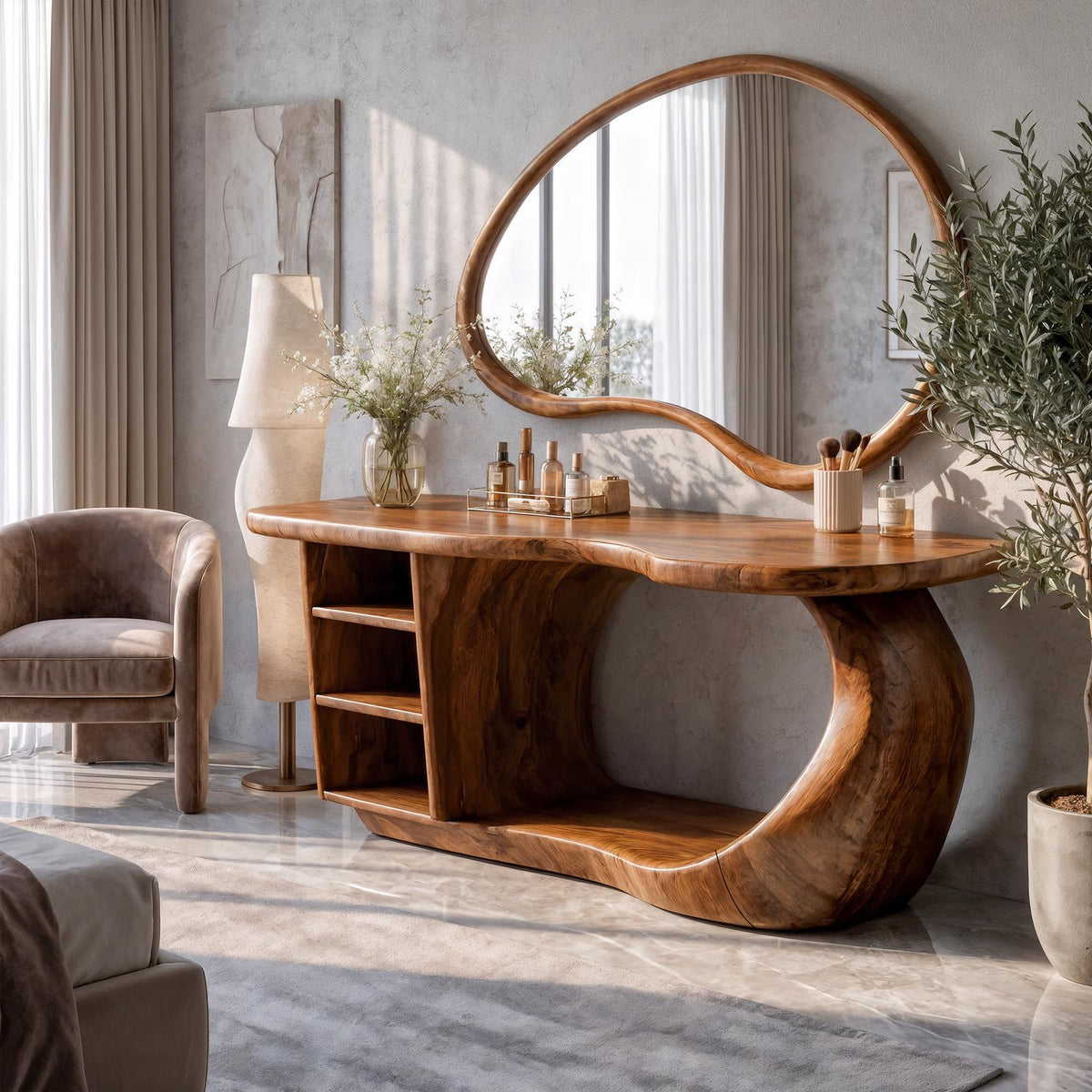 Natural Dressing Table With Sculptural Open Drawer Design For Bedroom And Dressing Room SINLKIMKV095