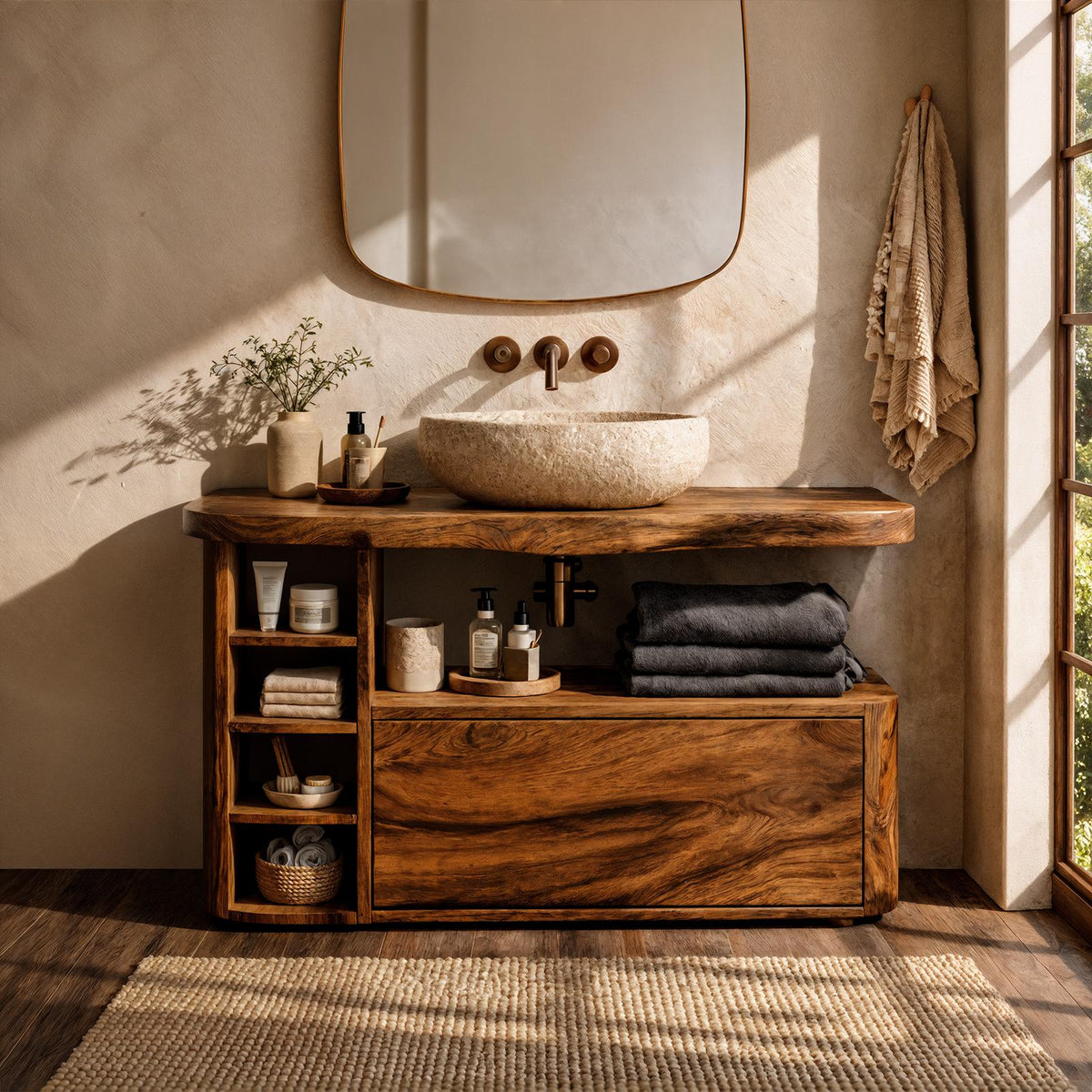 Spry Interior Contemporary Wooden Bathroom Vanity, Modern Handcrafted Solid Wood Storage Cabinet and Sink Console for Powder Room, SINLKIBRV298
