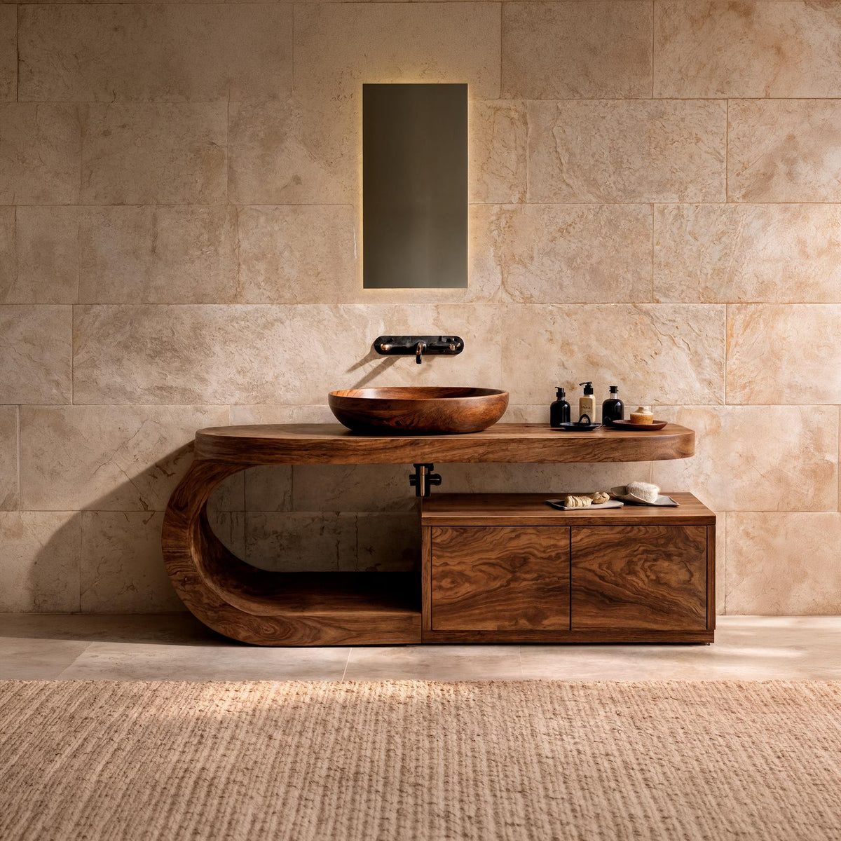 Spry Interior Organic Curved Wooden Bathroom Vanity, Handcrafted Solid Wood Storage Cabinet and Sink Console for Modern Powder Room, SINLKIBRV299