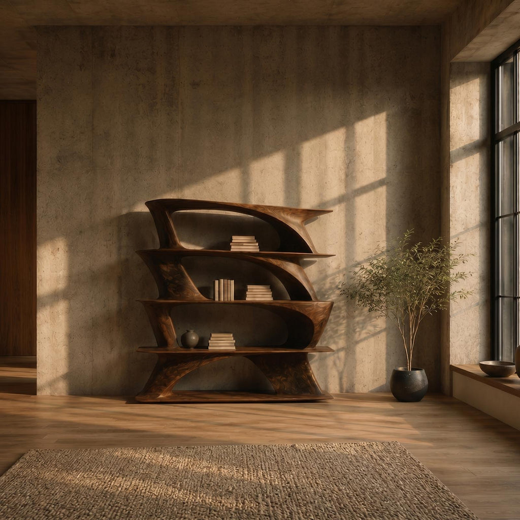 Organic Sculptural Bookshelf with Asymmetrical Open Shelves, Wooden Geometric Bookcase Display, Model
