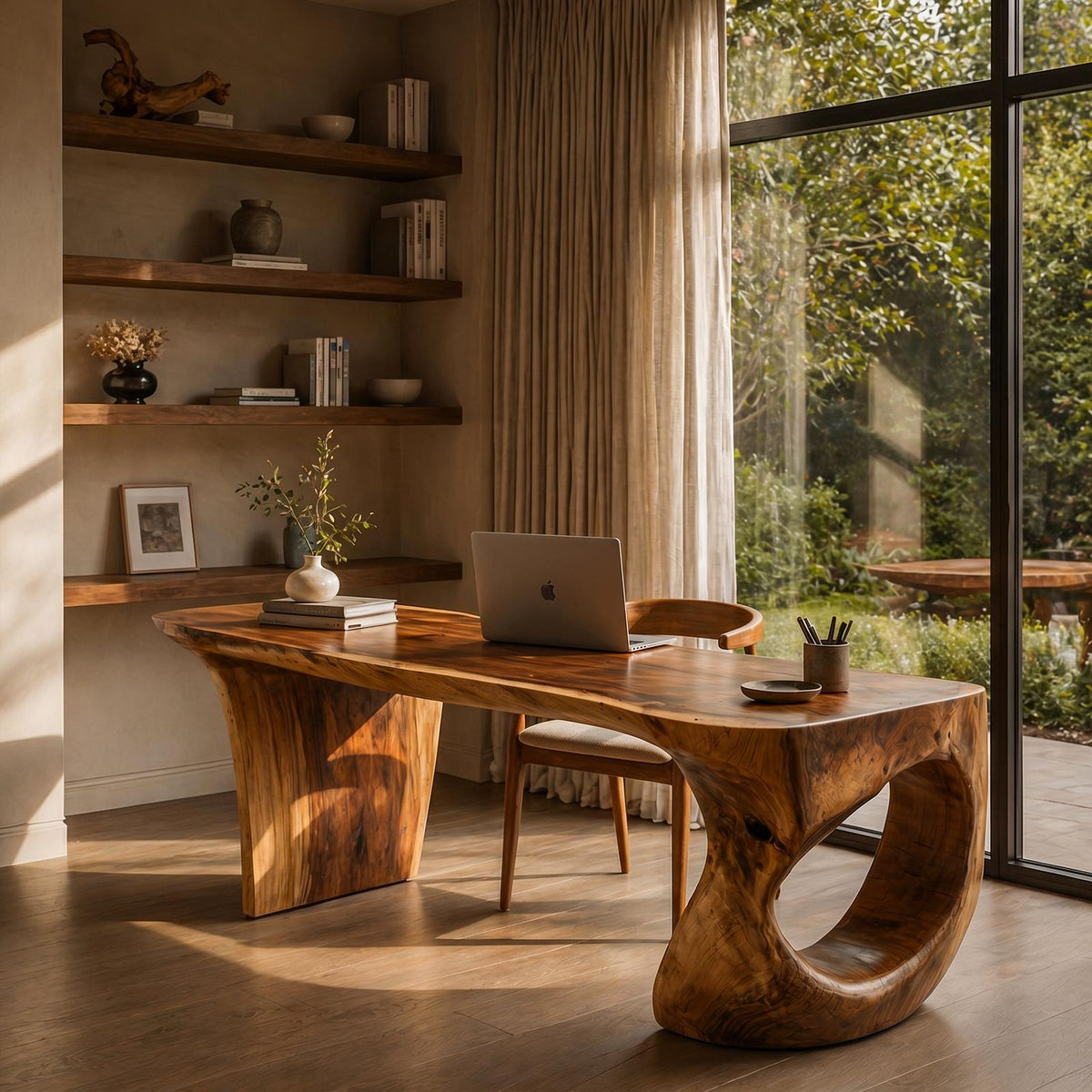 Contemporary Desk, Sculptural Loop Solid Wood Base & Writing Study Table for Executive Home Office