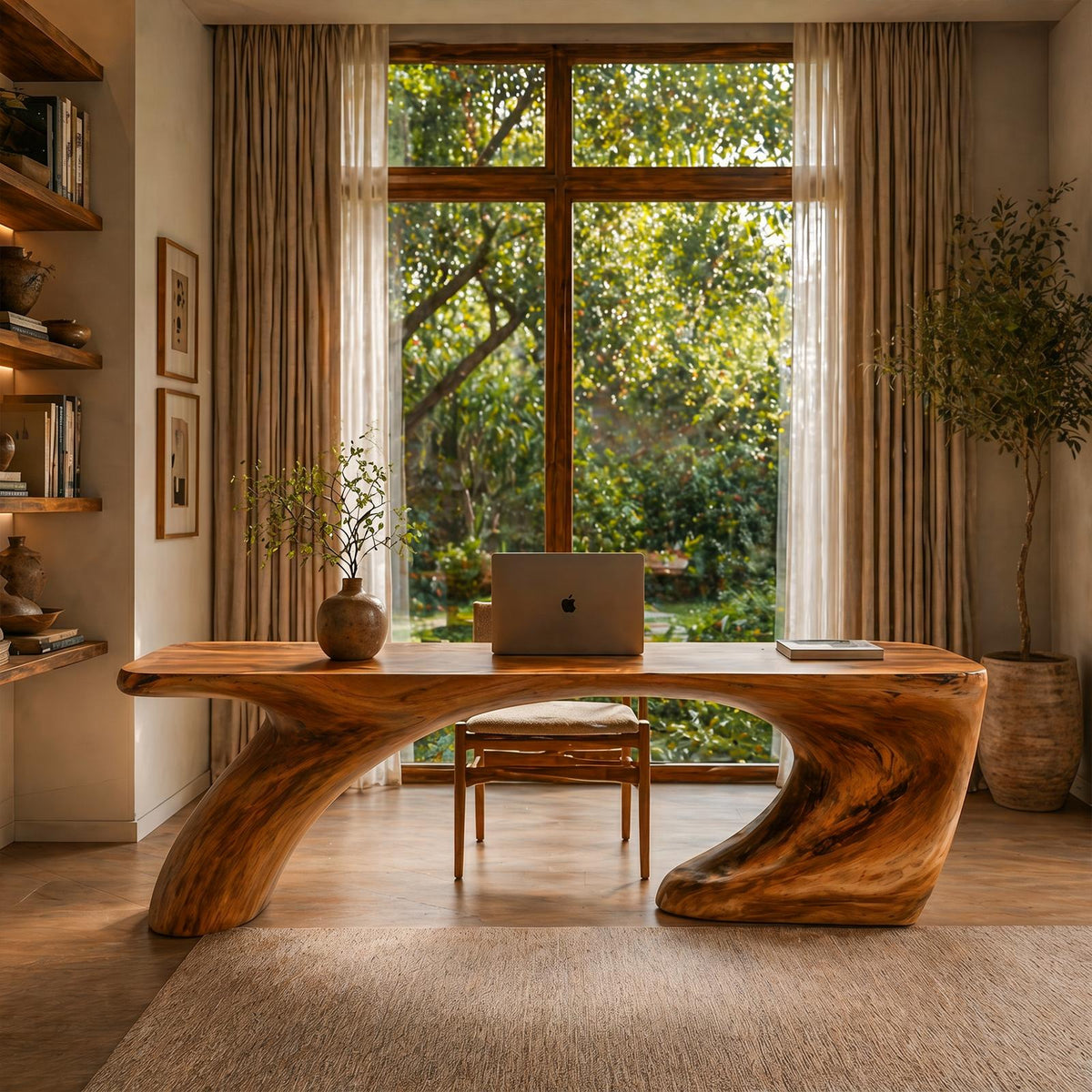Modern Organic Desk, Sculptural Curved Solid Wood Base & Writing Table for Home Office Workspace