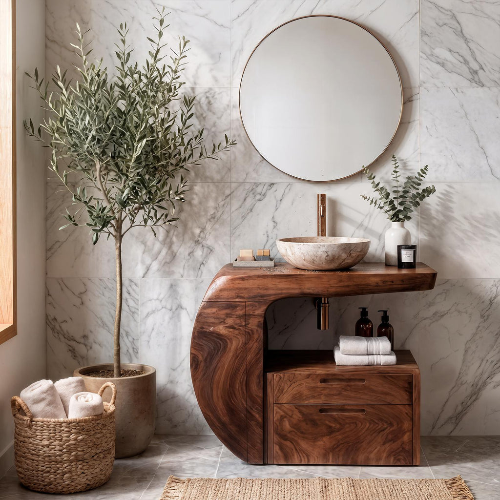 Spry Interior Modern Organic Wooden Bathroom Vanity with Storage Cabinet, Handcrafted Natural Wood Sink Console for Powder Room, SINLKIBRV303