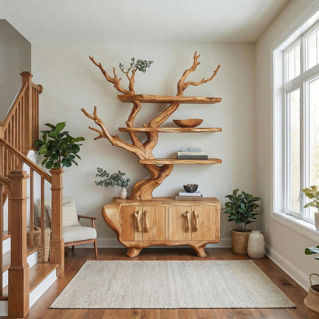 Tree Branch Bookshelf with Storage Cabinet, Solid Wood Artistic Bookcase, Modern Living Room display Unit