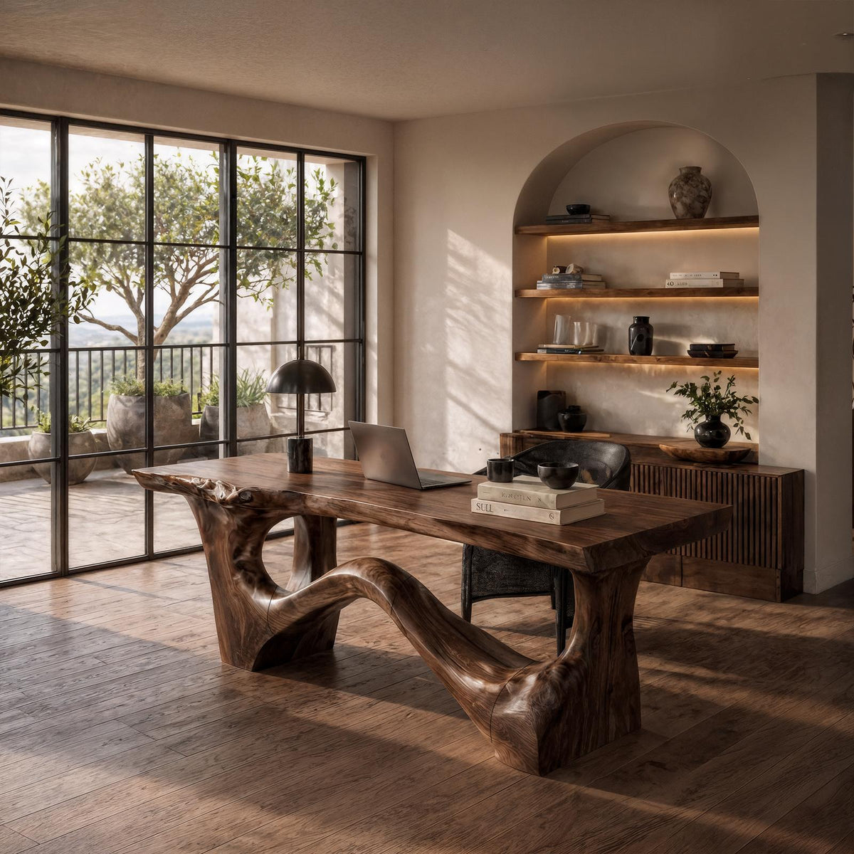 Organic Sculptural Desk, Asymmetrical Solid Wood Base & Writing Desk Top for Office & Study