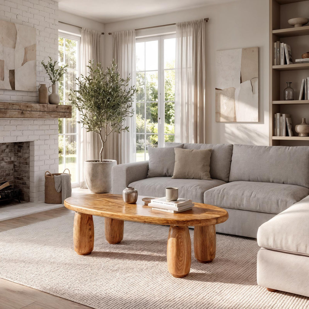 Natural Coffee Table With Organic Rounded Base For Living Room And Family Room SINLKICF421