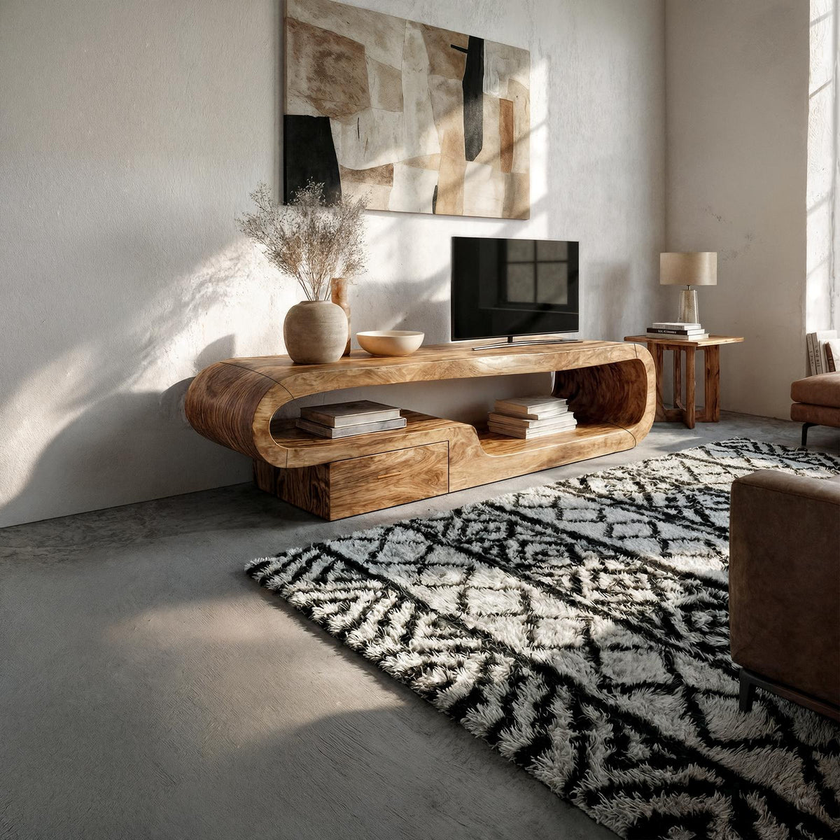 Scandinavian TV Cabinet, Solid Wood Low Profile Media Console Table, Modern Living Room TV Stand Unit