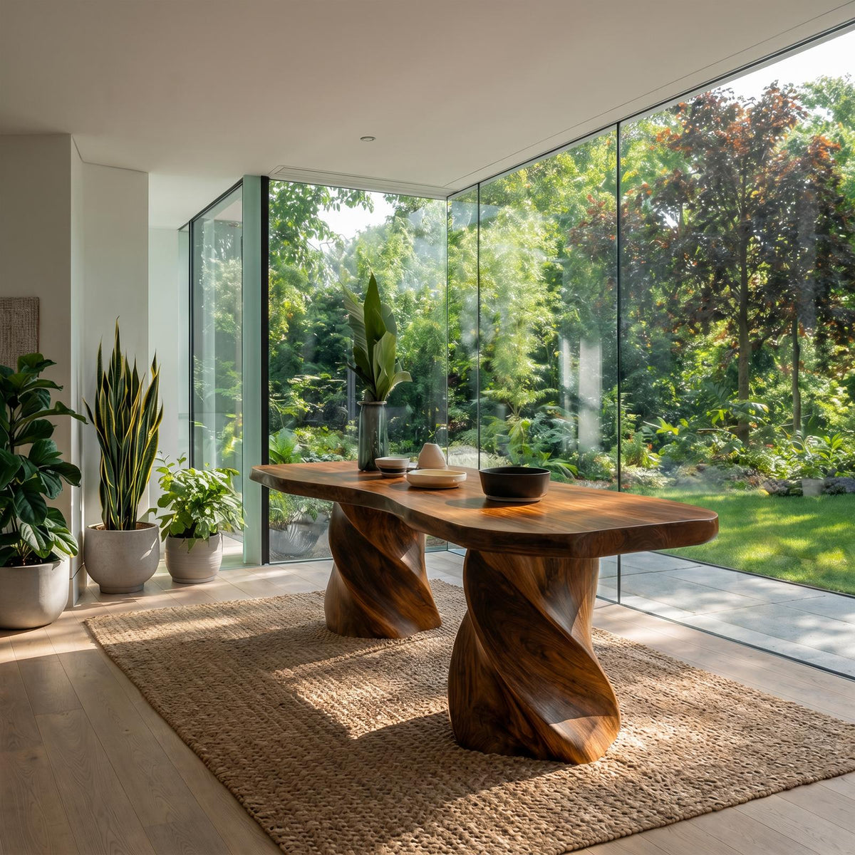 Spry Interior Sculptural Twisted Base Dining Table, Handcrafted Solid Wood Spiral Pedestal Kitchen Table, SINLKIDT165