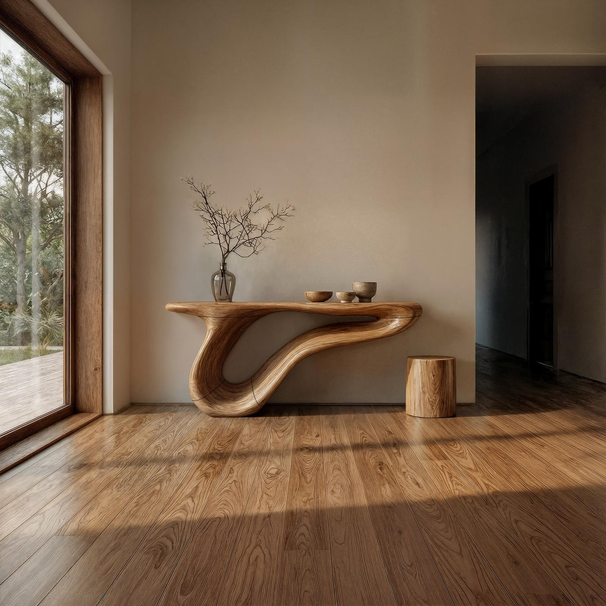 Organic Sculptural Console Table, Solid Wood Artistic Entryway & Living Room Accent Sofa Table