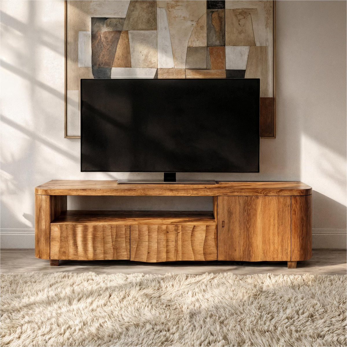Modern TV Cabinet, Solid Wood Media Console with Storage Drawer & Shelves for Living Room