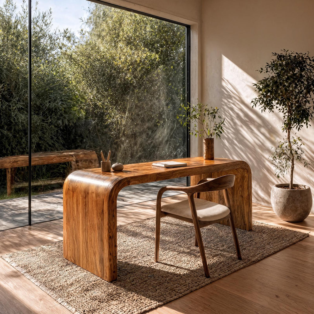 Organic Curved Wooden Desk, Waterfall Edge Design Solid Wood Writing Desk for Home Office