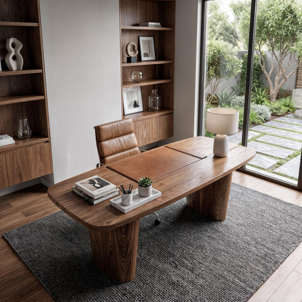 Modern Executive Wooden Desk, Sculptural Solid Wood Base Writing Desk for Home Office & Workspace